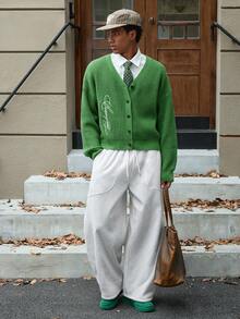 SWAVVY 男士标准尺码落肩长袖针织套头毛衣，罗纹针织刺绣针织衫，男士针织开衫，绿色开衫，男士毛衣，印花绿色男士毛衣 - 綠色 - 查看 3