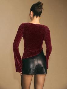 Poéselle 女士纯色亮片优雅长袖T恤 - 玫瑰紅 - 查看 9