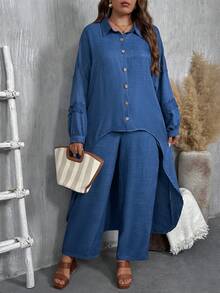 EMERY ROSE Elegant Casual Asymmetric Lace Patchwork Plus Size 2 Pieces Set For Women - Blue - View 1