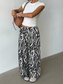 Aloruh Women's Casual Low Waist Elastic Drawstring Zebra Print Loose Wide Leg Pants Zebra Print Trousers Wide Leg Summer Pants