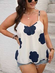 Breezaya Áo hai dây họa tiết hoa chéo viền bất đối xứng cỡ lớn dành cho nữ, thích hợp cho mùa hè - Màu xanh hải quân - Xem 6