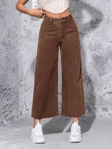 SHEIN PETITE Quần Jeans Nữ Dáng Rộng Thường Ngày Có Túi Và Nút - Cà phê nâu - Xem 3