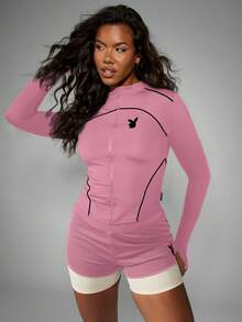 Missguided x Playboy Long Sleeve Zip Through Top With Black Contrast Piping And Bunny Logo - Pink - View 1