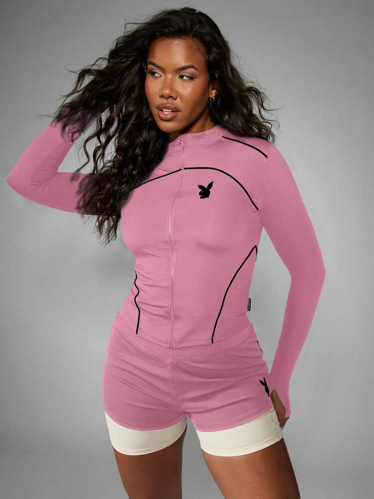 Missguided x Playboy Long Sleeve Zip Through Top With Black Contrast Piping And Bunny Logo