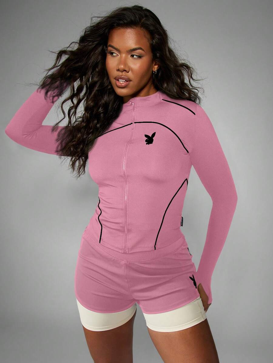 Missguided x Playboy Long Sleeve Zip Through Top With Black Contrast Piping And Bunny Logo - Pink - View 1
