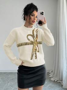 Selianne Women's Round Neck Drop Shoulder Bow Sequin Pullover Sweater - Apricot - View 3