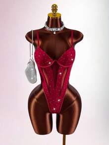 Amplova Burgundy Sexy Sleeveless Cami Bodysuit For Women With Sheer Fabric And Rhinestones