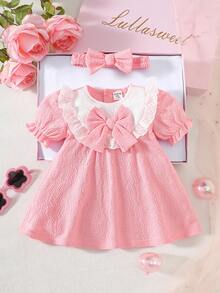 SHEIN Newborn Baby Pink Dress & Bow Headband Set, Cute Princess Style - Pink - View 2
