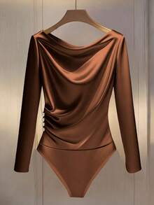 Franclia Women's Minimalist Long Sleeve Side Button Decor Slim Bodysuit For Commuting Brown Bodysuit Brown Body Suit Chocolate Brown Top Coffee Brown Top Brown Long Sleeve Top - Khaki - View 3