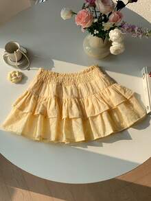 Comfortcana 2025秋冬新款时尚女装腰部收褶刺绣荷叶边可爱A字裙 春季女装 情人节沙滩装 度假装 黄色裙子 - 黃色 - 查看 4