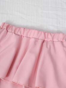 SHEIN Sparklyn Tween Girls' Fashion Elegant T-Shirt Set, White Knit Top Paired With Black Woven Cake Skirt, Top Decorated With Black Bow, Skirt With Pearl Embellishment - Pink - View 7