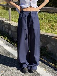 Abrilcols Pantalones elegantes con pernera acampanada y decoración de bolsillo en la cintura para mujer - Azul Marino - Ver 3