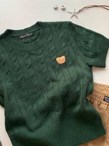 SHEIN EZwear 女士針織短袖衫,熊繡花圖案 - 綠色 - 查看 6