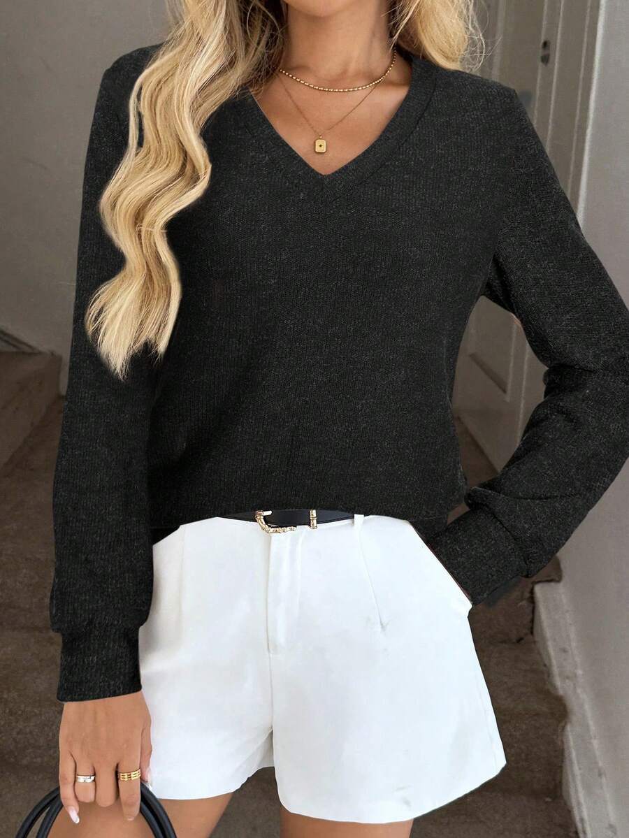 SHEIN LUNE Women's Soft & Warm V-Neck Long Sleeve Knitted Sweater Top - Black - View 1