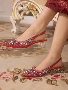 CUCCOO TILAWA Giày cao gót thời trang đính đá Rhinestone dành cho nữ - Đỏ - Xem 2