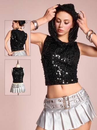 ROMWE Avant Blouse transparente à capuche en tricot avec sequins et effet délavé Y2K