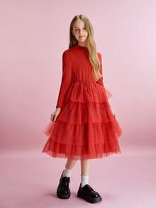 Tween Girl Solid Color Mandarin Collar Long Sleeve Patchwork Multi-Layer Mesh Ruffle Hem Cute Dress - Red - View 7