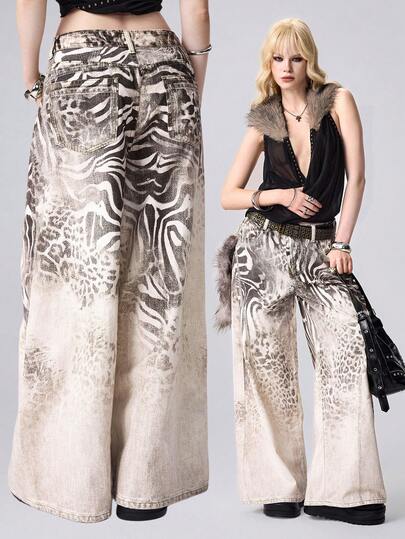 Grunge Punk Jeans vintage Y2K à jambes droites et taille basse oversize avec imprimé léopard et zèbre en noir et blanc