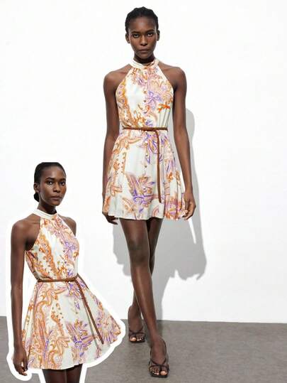 Maija 女式休闲花卉印花挂脖迷你连衣裙，度假风格