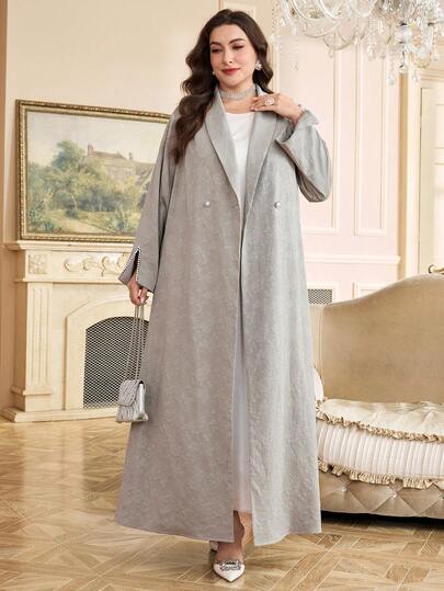 Al Najma Plus Size Women's Solid Color Long Sleeve Split Faux Pearl Decor Casual Abaya Robe