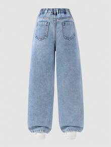 SHEIN ChillGRL 少女水豚卡通印花牛仔裤，可爱甜美时尚，适合日常穿着、上学、周末、开学季、度假 - 淺色水洗藍 - 查看 2