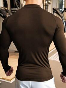 Manfinity Sport PWRUP Men's Minimalist Solid Color Half-Zip Stand Collar Raglan Long Sleeve Compression Sports T-Shirt - Camel - View 2