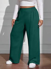 EURMUSE Plus Size Casual Solid Color Elastic Waist Straight Leg Pants, Autumn - Dark Green - View 3