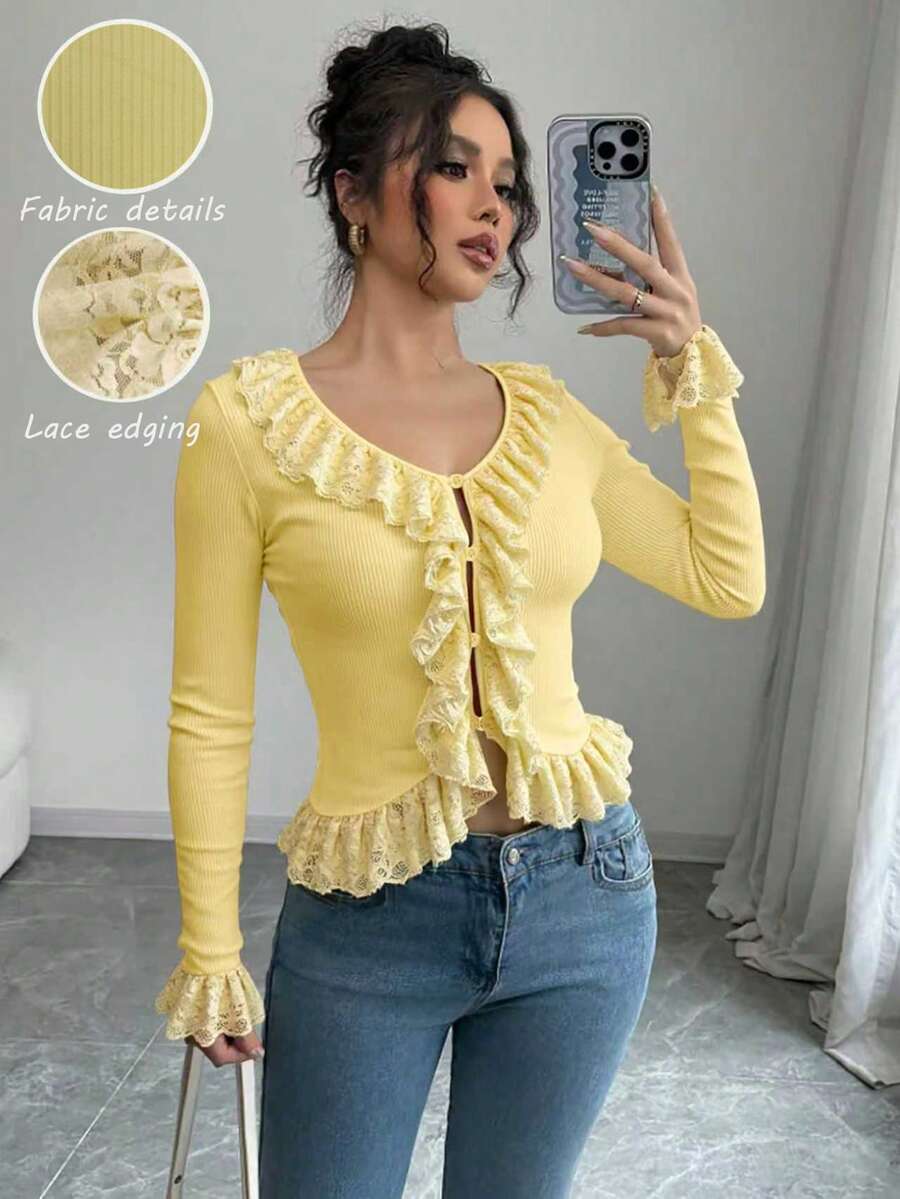 Selianne 女士秋季新款法式蕾丝荷叶边V领收腰针织开衫，优雅时尚上衣 - 淡黃色 - 查看 1