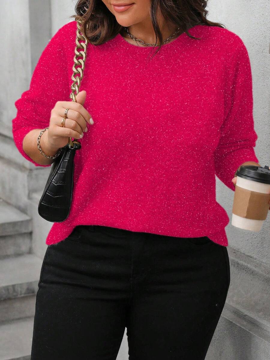 EMERY ROSE Plus Size Women's Solid Color Crew Neck Long Sleeve Casual Sweater, Autumn/Winter - Hot Pink - View 1