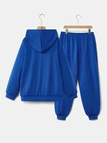 SHEIN EZwear 海军蓝加大码女式字母印花连帽衫和慢跑裤休闲两件套 - 寶藍色 - 查看 2