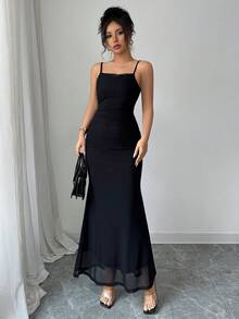 Elenzga Women Solid Color Fish Tail Hem Sling Mid-Calf Slim Fit Elegant Dress