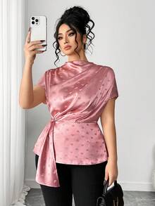 Elenzga Áo sơ mi tay ngắn cổ tròn thắt eo lãng mạn cỡ lớn dành cho nữ, chất liệu vải satin hình trái tim, kiểu áo thanh lịch kiểu Pháp khi đi làm và ngày lễ tình nhân - Hồng - Xem 4