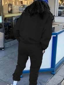 Calvaya Plus Size Casual Women's Sweatshirt And Jogging Set - Comfortable Thermal Lined , Crew Neck Graphic Print, Machine Washable - Perfect For Fall And Winter - Black - View 2