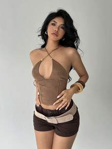 Aloruh Women's Y2K Solid Color Hollow Out Criss-Cross Halter Neck Fitted Sexy Top Fall  Fall  For Women All S Women Fall S For Women Fall S Autumn  Women's Fall  Tops For School Chic Top Concert Women Raves Festival Country Concert Ibizas Nashvilles Western Wear Women Western Boho Streetwear Tropical Gyaru