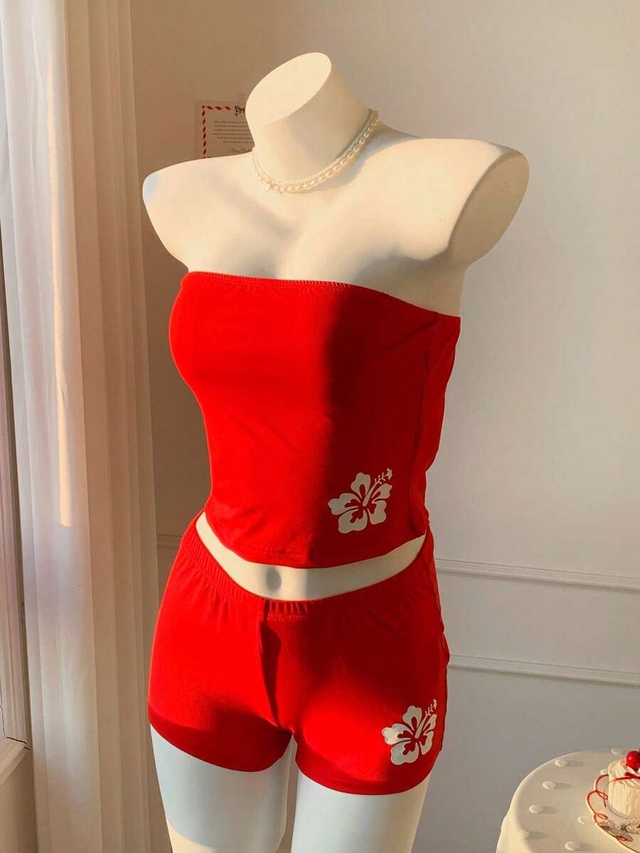 Comfortcana 女士极简印花抹胸上衣和短裤两件套 - 紅色 - 查看 1