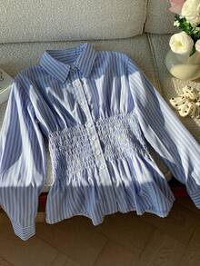 Comfortcana 2025 New Fall/Winter Fashionable Women's Striped Fresh Waist Cinching Long Sleeve Shirt Christmas For Women New Year Elegant Blouses For Women Casual Blouse For Women Business Casual Women Shirts Blue Striped Shirt - Blue - View 7