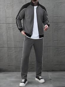 SLATEMANN Men's Contrast Color Print Zip-Up Pullover Sweatshirt And Pants Set Men S Track Suit Men S Sweat Suit Set Men S Grey And White Set Men S Knitted Set Men Jogging Suits Old Money,Daily Leisure, Weekend Trips, Outdoor Activities, Travel Expeditions, Relaxed Work Environments Or Semi-Formal Occasions, Boyfriend/Husband Gift, Anniversary /Birthday Gift Party Christmas New Years - Multicolor - View 6