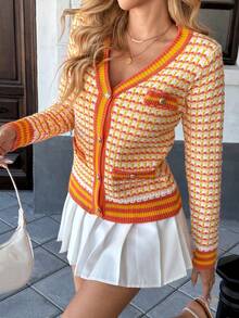 Selianne 女士条纹长袖单排扣休闲针织开衫 - 橘色 - 查看 4