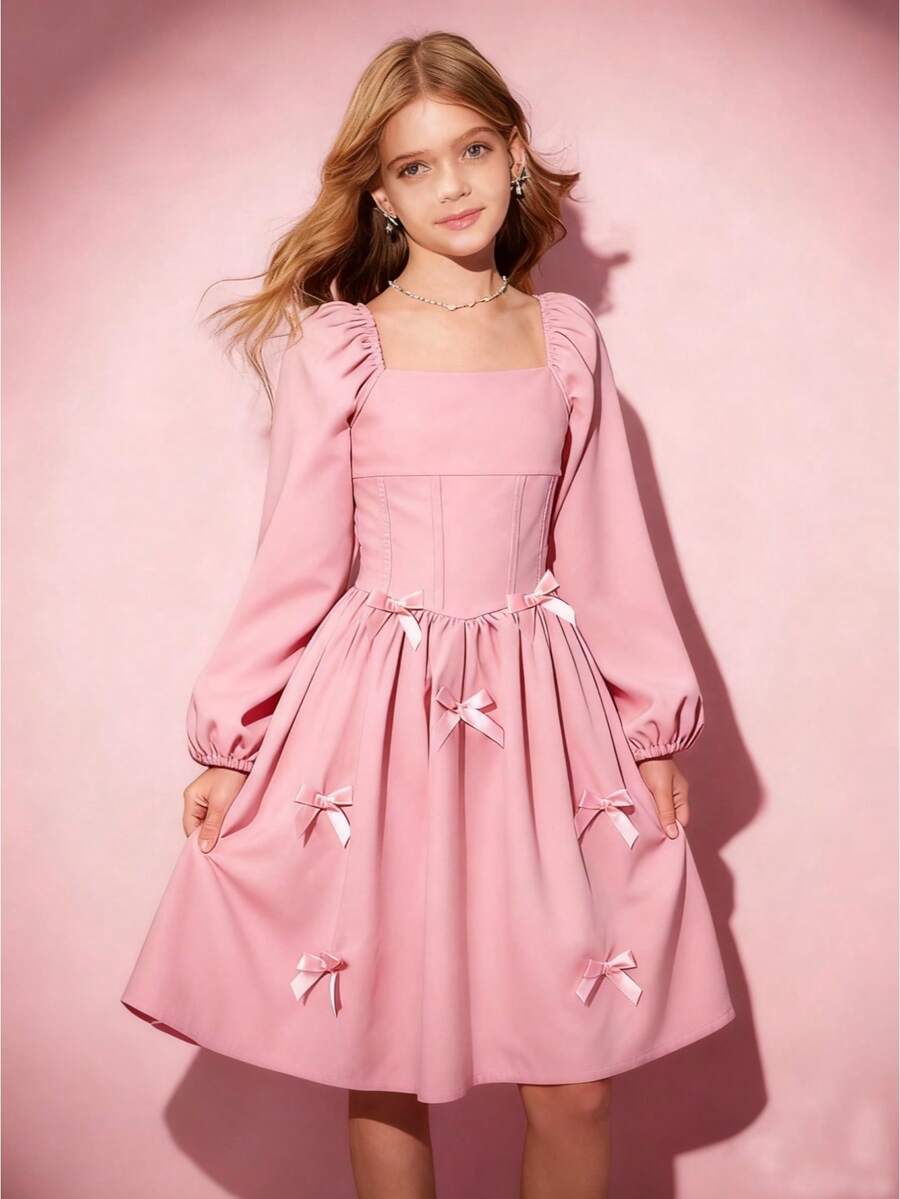 SHEIN 少女长袖A字连衣裙,万圣节休闲优雅可爱长裙,白色,适合春季、夏季、秋季、户外活动、度假、上学穿着。 - 粉色 - 查看 1