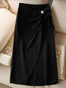 Modelyn Váy suông nữ thời trang đa năng trang trí nơ màu thanh lịch - màu đen - Xem 4