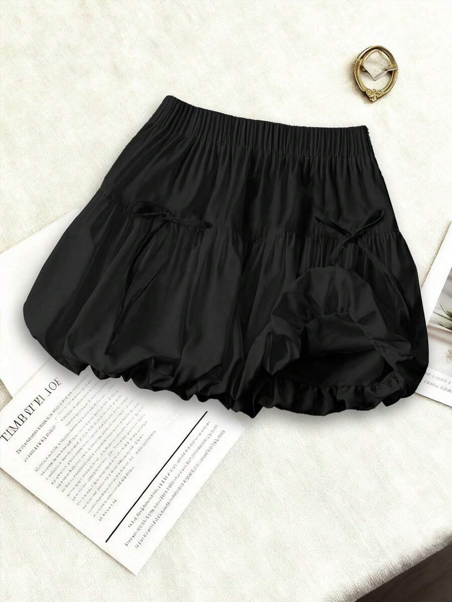 Celure 大码女式高腰蝴蝶结装饰荷叶边短碎花裙 - 黑色 - 查看 1