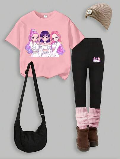 Sparklyn 2pcs/Set KPOP Graphic Print Top, Tween Girl Crew Neck Sweatshirt And Leggings Set, Fashionable Casual, Suitable For Autumn/Winter