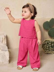 Travachic KIDS Babygirl Summer Cute Ruffle Sleeveless Top And Pants Set - Hot Pink - View 2