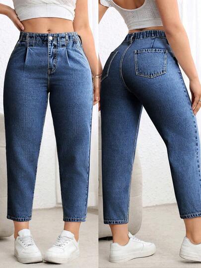 EMERY ROSE Jeans de pierna cónica de ajuste relajado y casual para mujer de talla grande, sin estiramiento