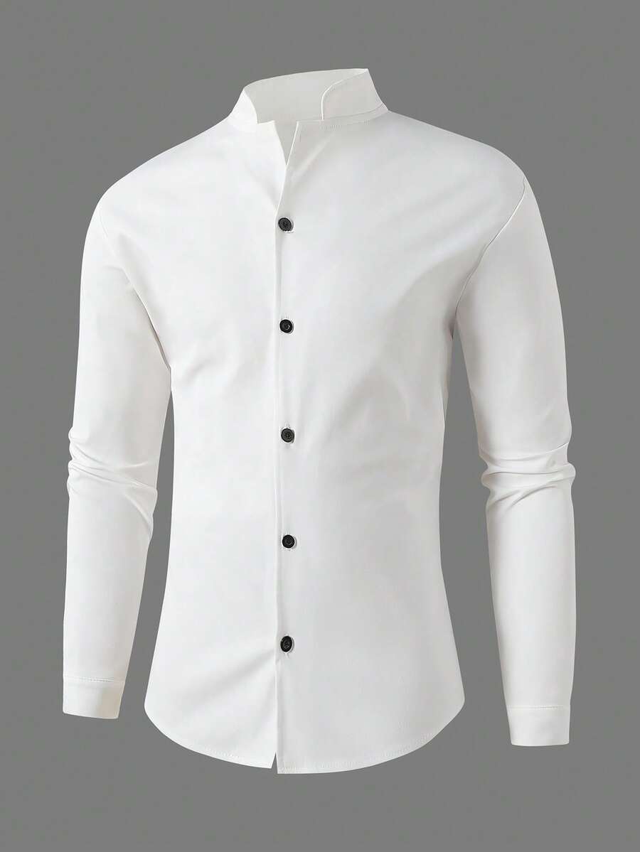 1pc Teen Boy Gentleman Style Solid Beige Long Sleeve Mandarin Collar Shirt, Versatile Slim Fit Elegant School/Casual Wear, Suitable For Wedding, Wedding Guest, Pageboy, Ring Boy,توكسيدو,رمضان - White - View 1