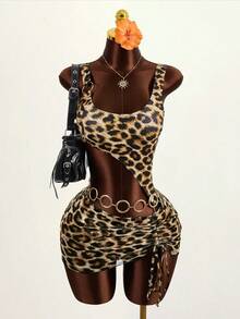 Zestiva 女士性感波西米亚风狂欢派对狂野豹纹不对称连体泳衣及沙滩裙两件套，适合海滩度假 - 棕色 - 查看 3