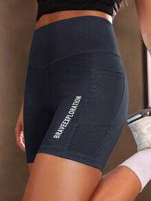 Powerista Quần short thể thao cạp rộng họa tiết chữ có túi đựng điện thoại, quần short tập luyện, quần short đi xe đạp cho nữ, quần vợt - Màu xanh hải quân - Xem 7