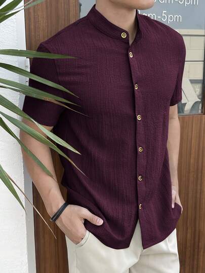 HIMLAND Front Button Closure Casual Stand Collar Short Sleeve Shirt Shirt For Man Men Knit Shirt Burgundy Men Shirt Men Textured Shirt Grape Shirt
