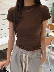 DAZY Dam höst/vinter rund halsad t-shirt med enkel linjedesign, figurnära och avslappnad passform - Brun - Visa 6