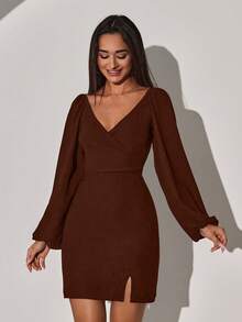 Casual Solid Color Slim Fit V-Neck Long Sleeve Women Dresses - Coklat - View 4